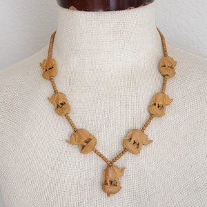 Vintage Carved Wood Elephant Fetish Bead Necklace